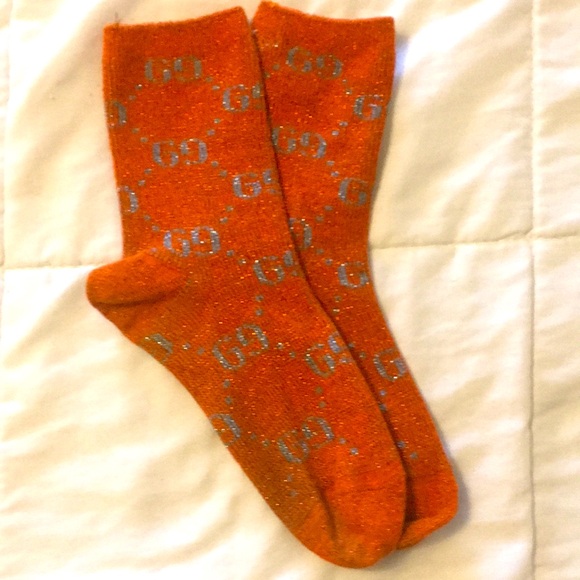 Gucci Sparkly Shiny Women's Socks - Mid Calf, Orange with Silver Sparkles - Picture 6 of 7